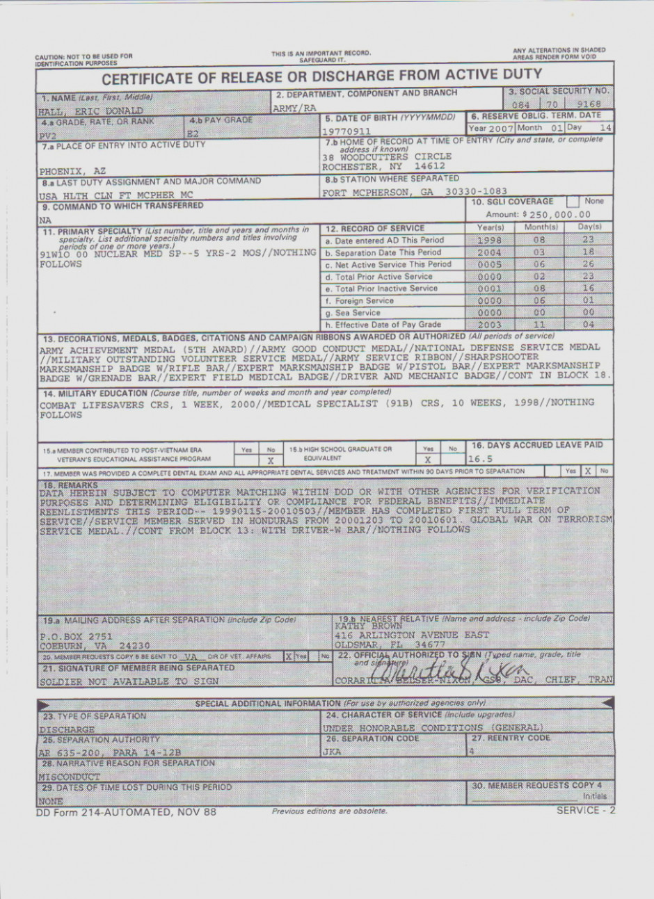 Dd Form 214-automated Nov 88 Template